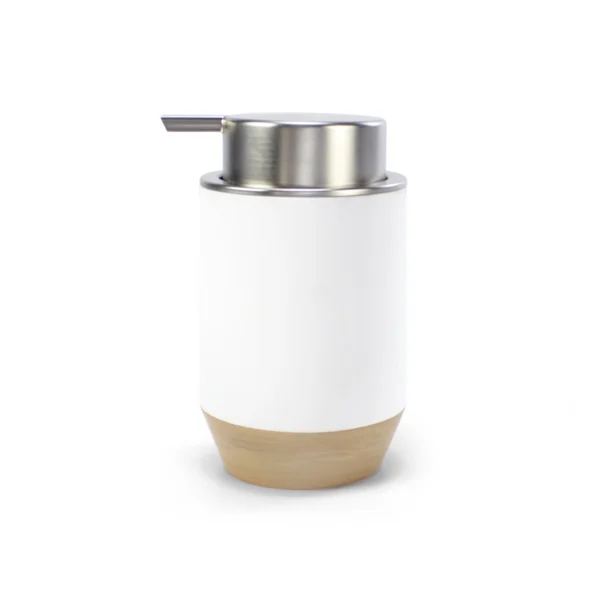 Dispensador de jabón blanco mate con base pintada a mano de madera natural y dosificador metálico, diseño Aries