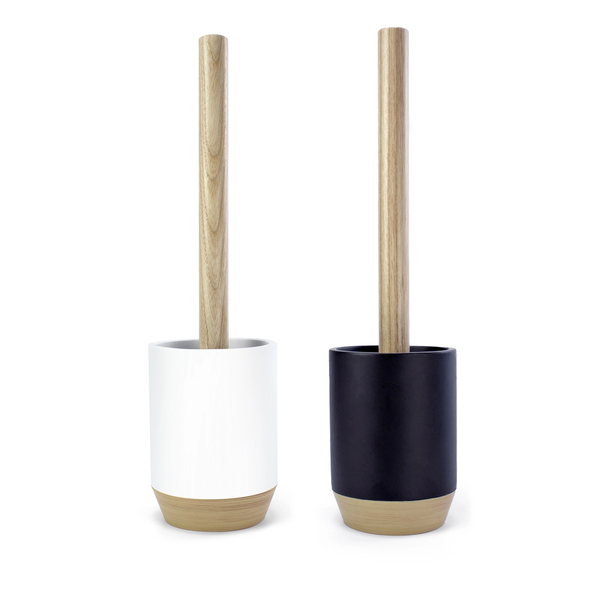 escobilla de baño negro mate y blanco mate con mango de madera