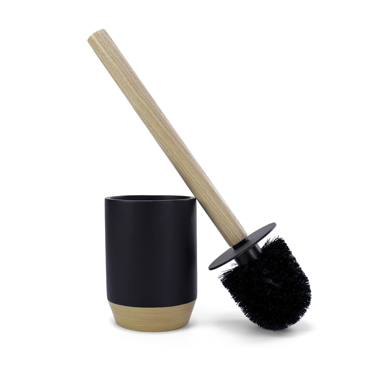 escobilla para wc negro mate y madera, con cepillo negro