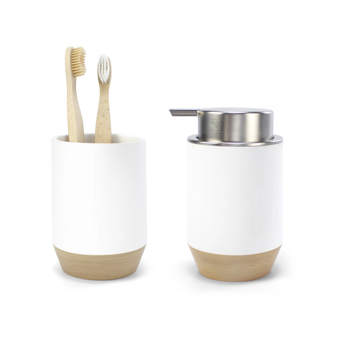 juego accesorios baño blanco y madera nórdico