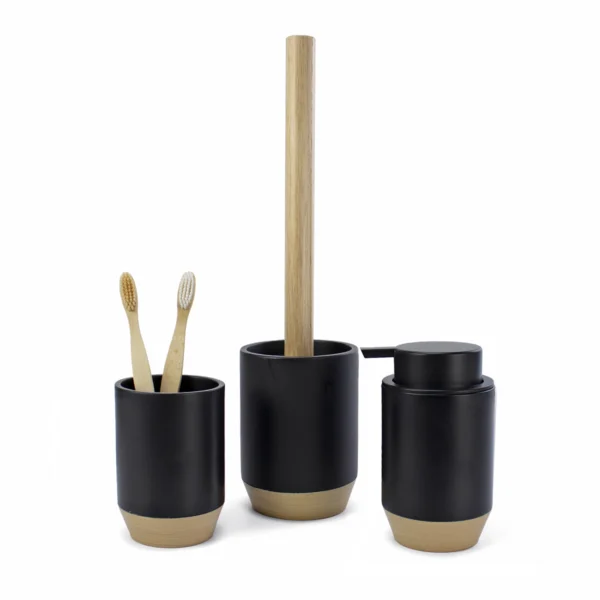 juego accesorios baño negro dispensador jabón, portacepillos y escobilla wc