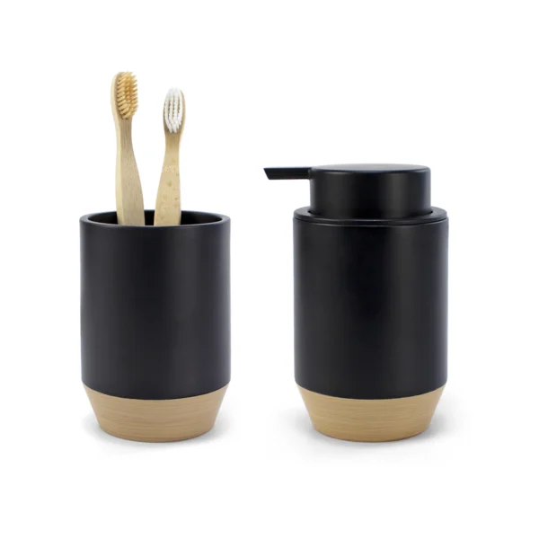 juego accesorios baño negro y madera industrial
