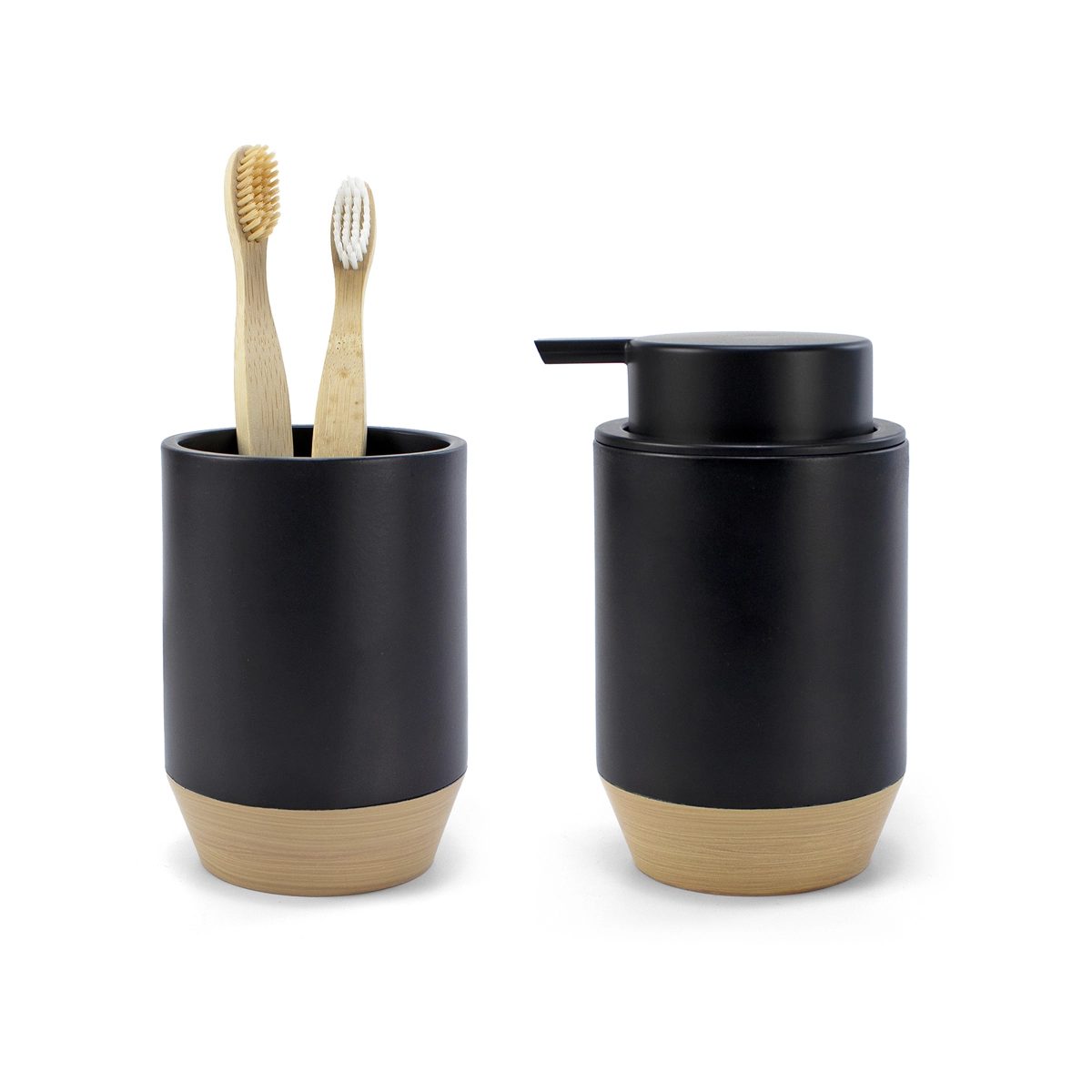 juego accesorios baño negro y madera industrial