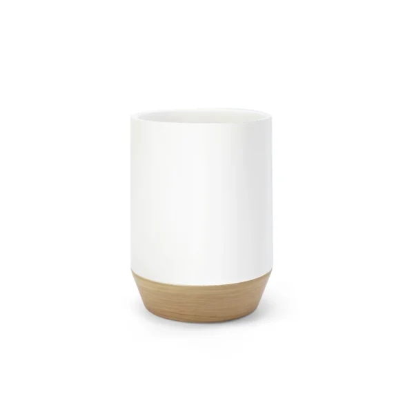 vaso portacepillos blanco mate con detalle de madera