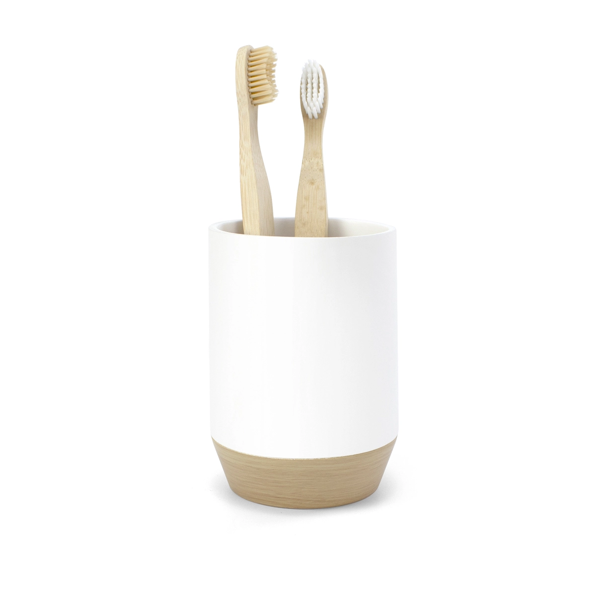 vaso con cepillos blanco mate con detalle de madera