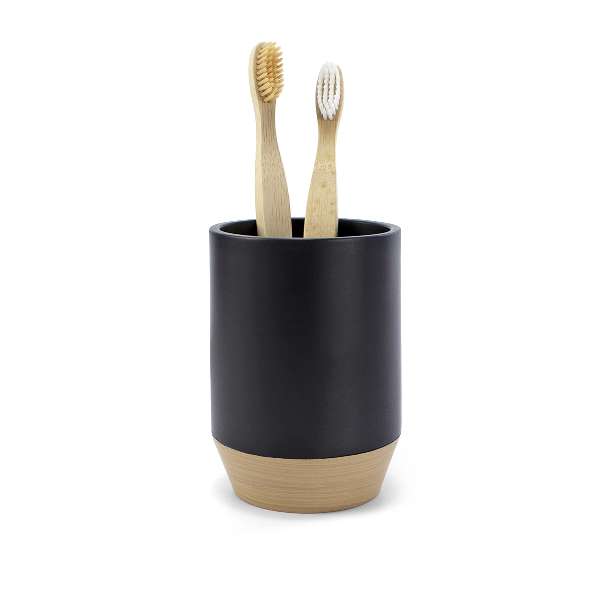 vaso con cepillos negro mate con detalle de madera