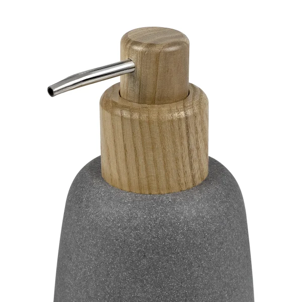 dispensador de jabón para baño gris piedra y madera detalle