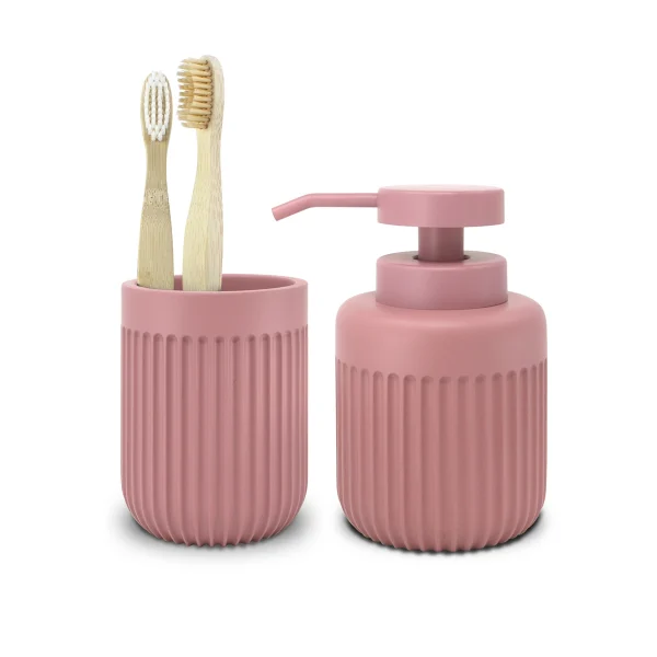 dispensador jabón y vaso para baño rosa mate