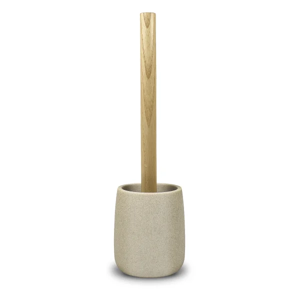 escobilla para inodoro beige piedra con palo de madera detalle