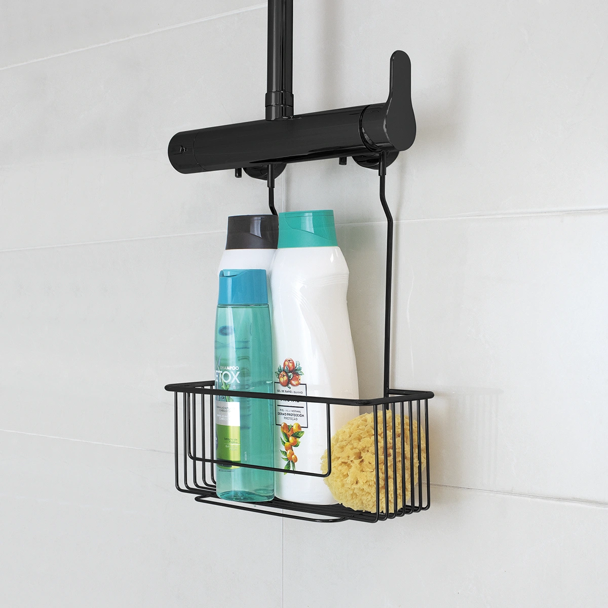 cesto de ducha de acero inoxidable negro mate para colgar en grifo ducha