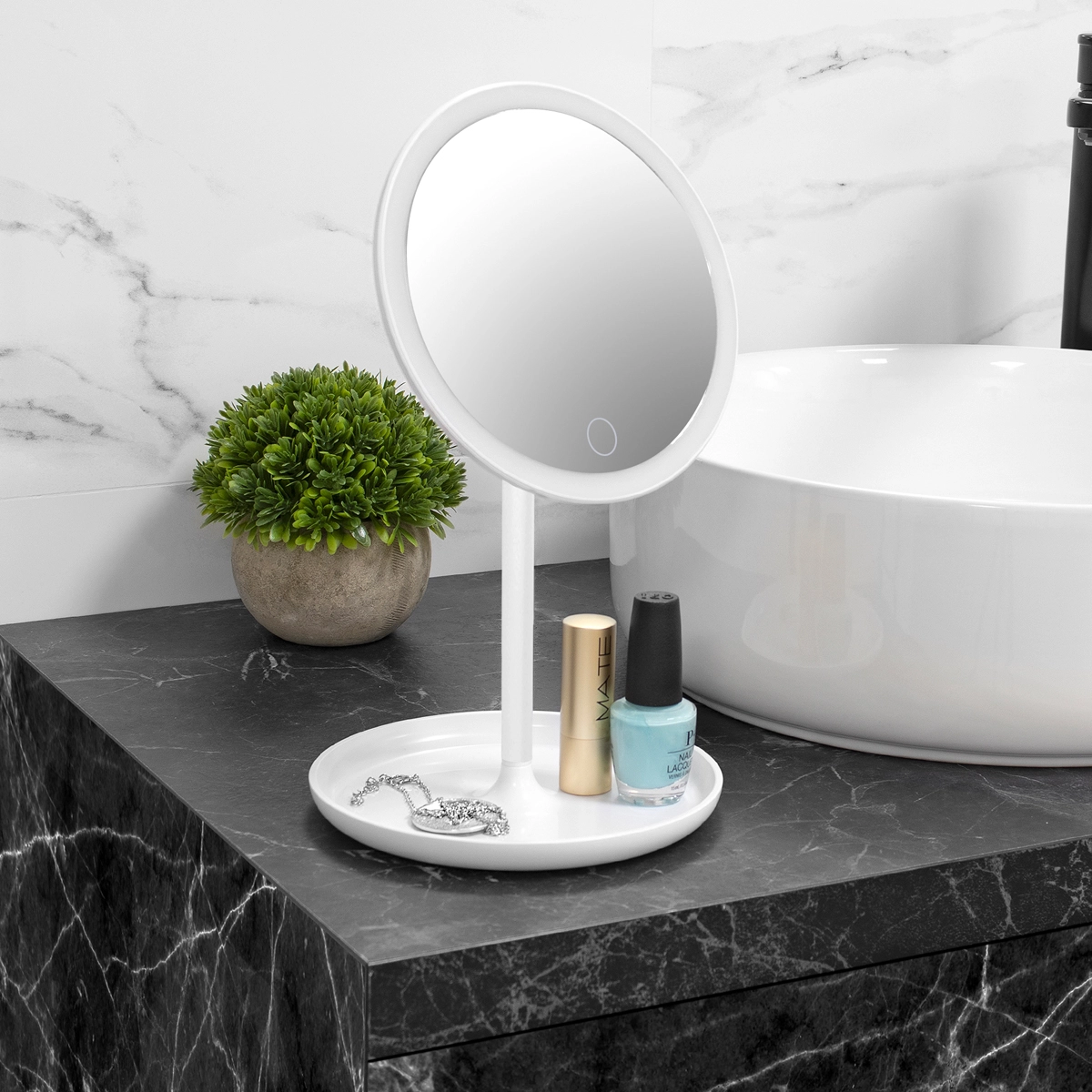 Espejo aumento 7x blanco con luz LED bandeja batería ambiente