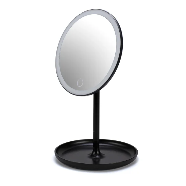 Espejo de aumento negro de sobremesa con luz LED blanca y batería de litio recargable. Ideal para maquillaje y cuidado facial diario.