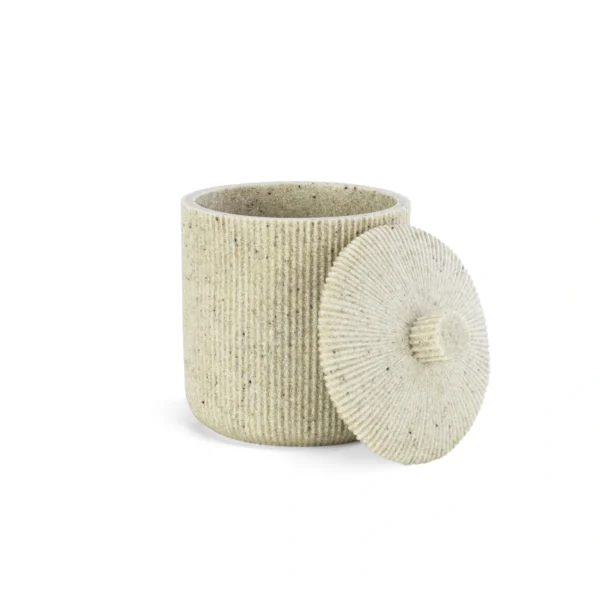 algodonera con tapa abierta beige para baño