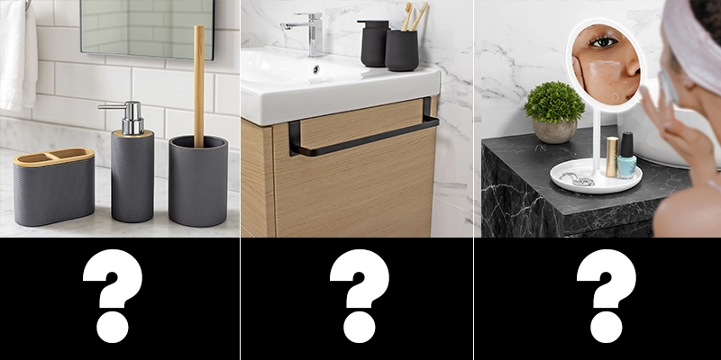 Set de accesorios de baño negro estilo industrial con dispensador, portacepillos y escobillero sobre azulejos blancos