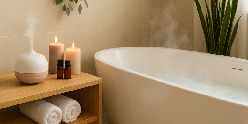 Difusor ultrasónico y velas encendidas junto a una bañera con vapor, creando un ambiente relajante con aromaterapia natural
