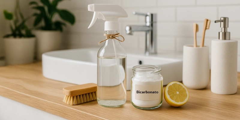 Spray ecológico, limón, bicarbonato y accesorios de baño blancos sobre encimera de madera clara