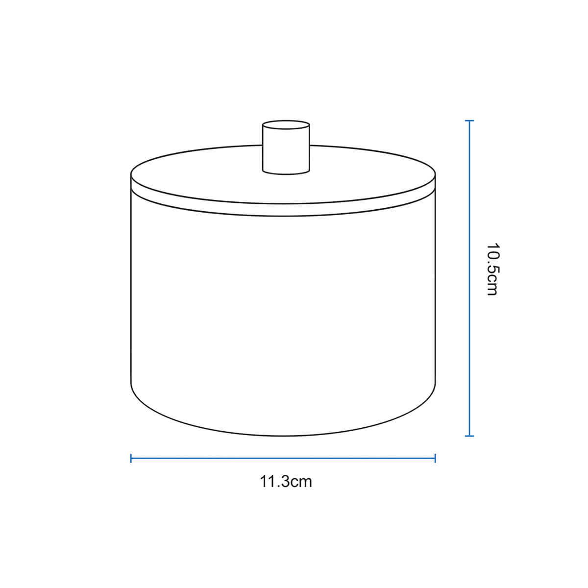 Diagrama con las medidas de la algodonera de baño de cristal mate y tapa de madera, 10,5 cm de alto y 11,3 cm de diámetro