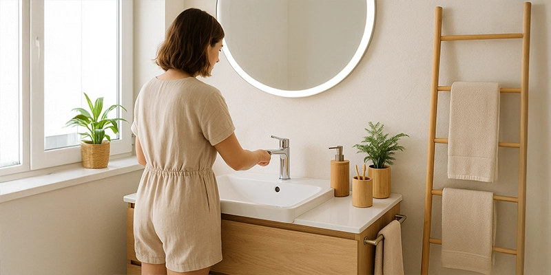 Mujer ajustando la grifería de un baño sostenible luminoso con accesorios de bambú, toallas claras y plantas naturales
