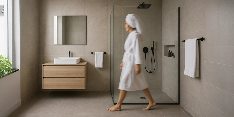 Baño walk-in moderno con panel fijo de vidrio, grifería negra mate, nicho iluminado y pavimento porcelánico continuo