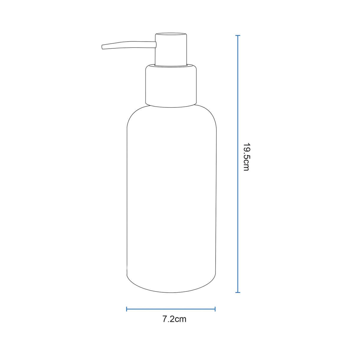 Diagrama con las medidas del dispensador de jabón para baño de cristal mate y madera, 19,5 cm de alto y 7,2 cm de diámetro
