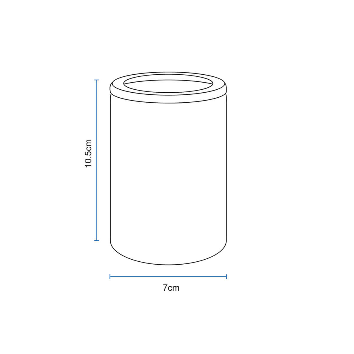 Diagrama con las medidas del vaso portacepillos de baño de cristal mate y madera, 10,5 cm de alto y 7 cm de diámetro