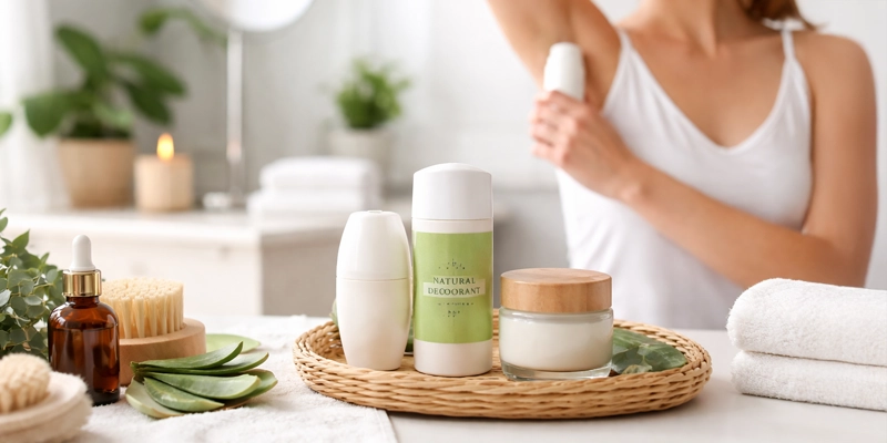 Mujer aplicando desodorante en un baño luminoso con productos de higiene y cosmética de rutina diaria.
