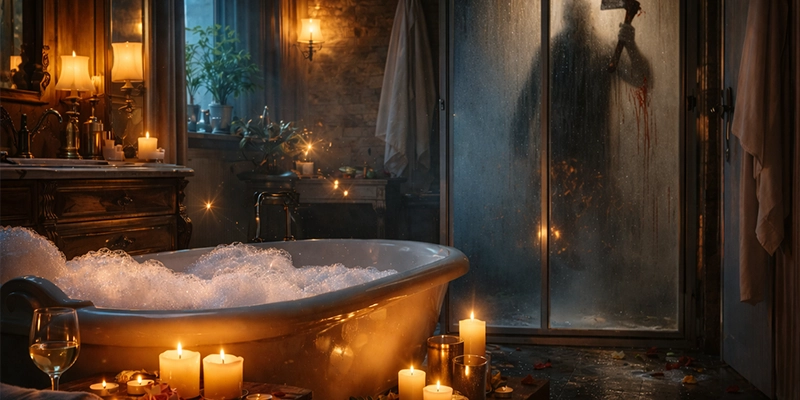 Baño vintage iluminado por velas con bañera de espuma, pétalos en el suelo y una silueta inquietante detrás de una puerta de ducha empañada.