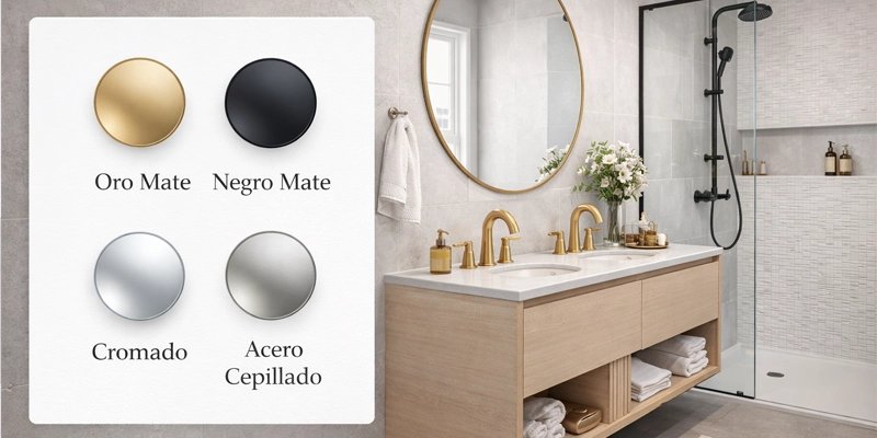 Baño moderno con carta de acabados metálicos: oro mate, negro mate, cromado y acero cepillado, comparativa visual de metales para baño