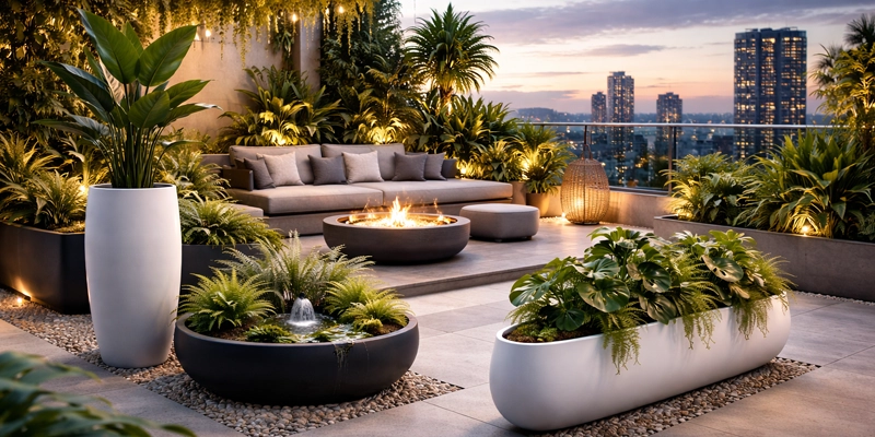 terraza de un ático decorada con un jardín futurista