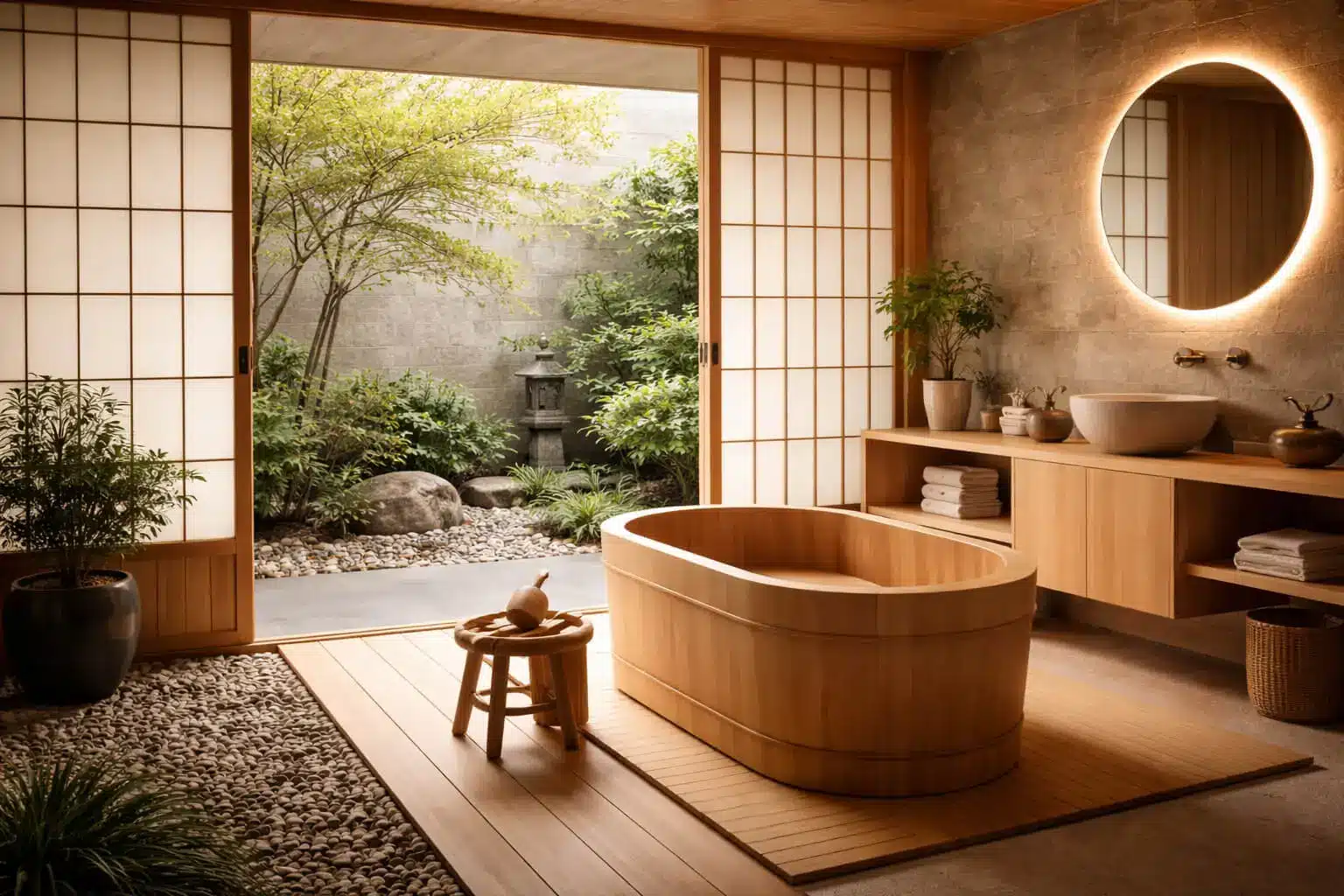 Baño de inspiración japonesa con bañera de madera, materiales naturales, luz suave y jardín exterior, pensado como espacio de calma y bienestar.