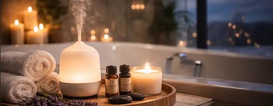 Difusor de aromaterapia con aceites esenciales y velas en baño relajante tipo spa