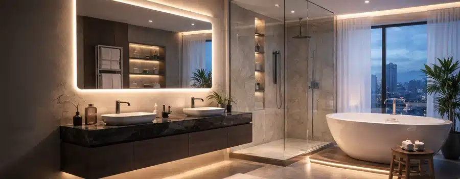 Baño moderno con iluminación LED suave, ducha de cristal y bañera exenta en ambiente elegante