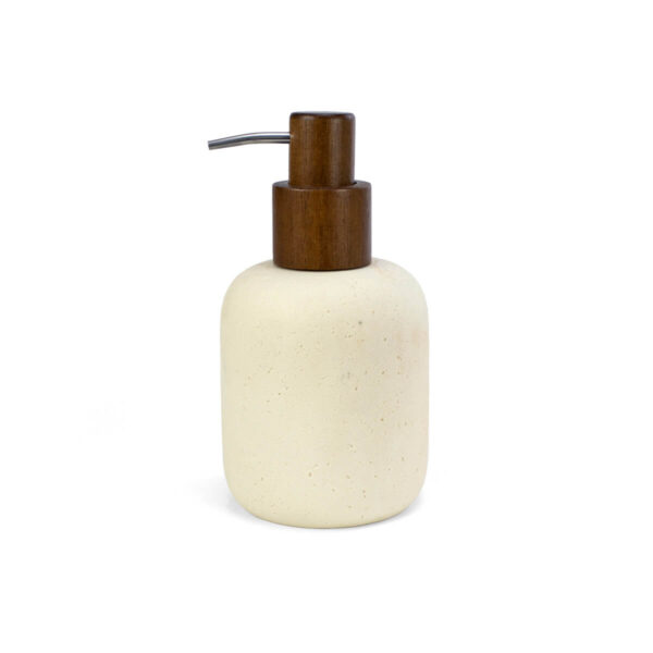 Dispensador de jabón efecto piedra de resina beige con válvula de madera para baño