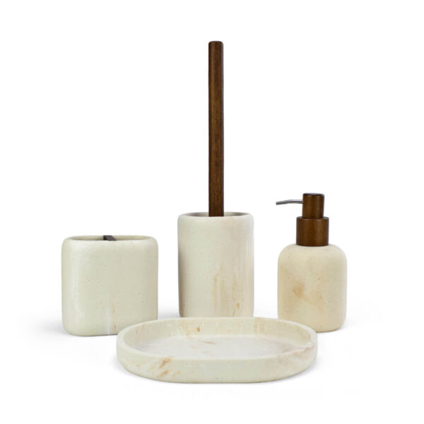 Set completo de accesorios de baño efecto piedra con dispensador, vaso, escobilla y bandeja