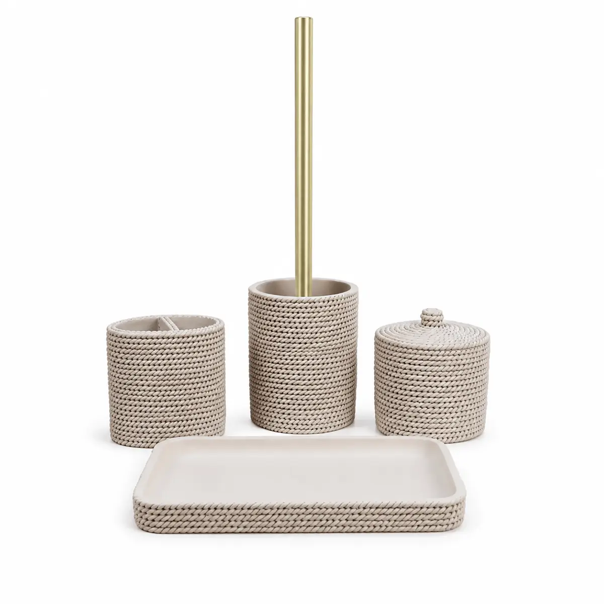 Accesorios de baño Trenzo beige con portacepillos, escobilla WC, bandeja y algodonera con textura trenzada