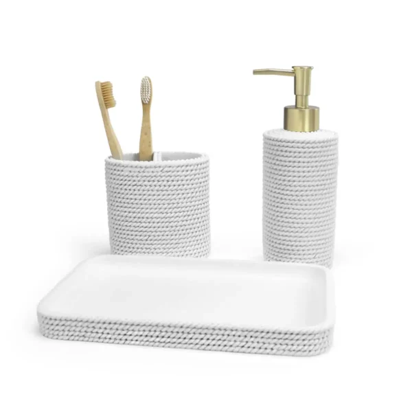 Accesorios de baño Trenzo en color blanco con bandeja, portacepillos y dispensador de jabón con válvula oro cepillado