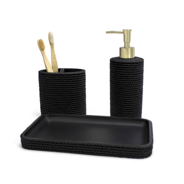 Accesorios de baño Trenzo en color negro con dispensador de jabón, portacepillos y bandeja con válvula oro cepillado