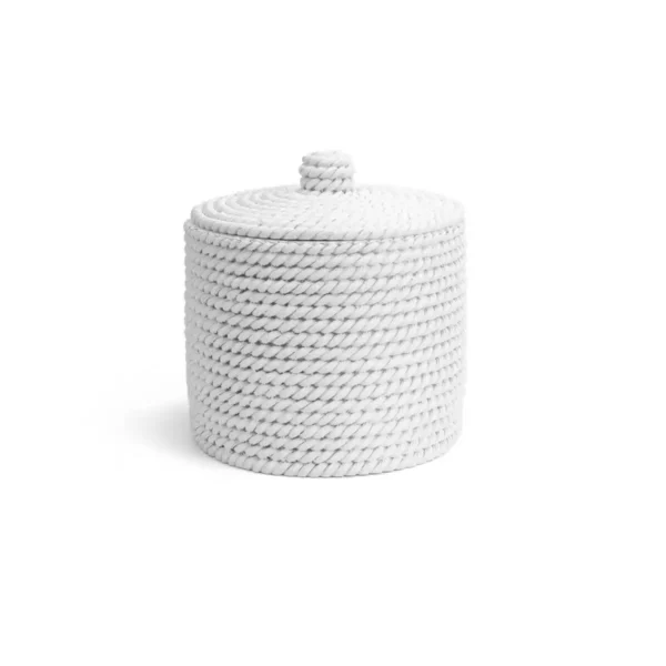 Algodonera blanca para baño Trenzo fabricada en resina con tapa y textura trenzada