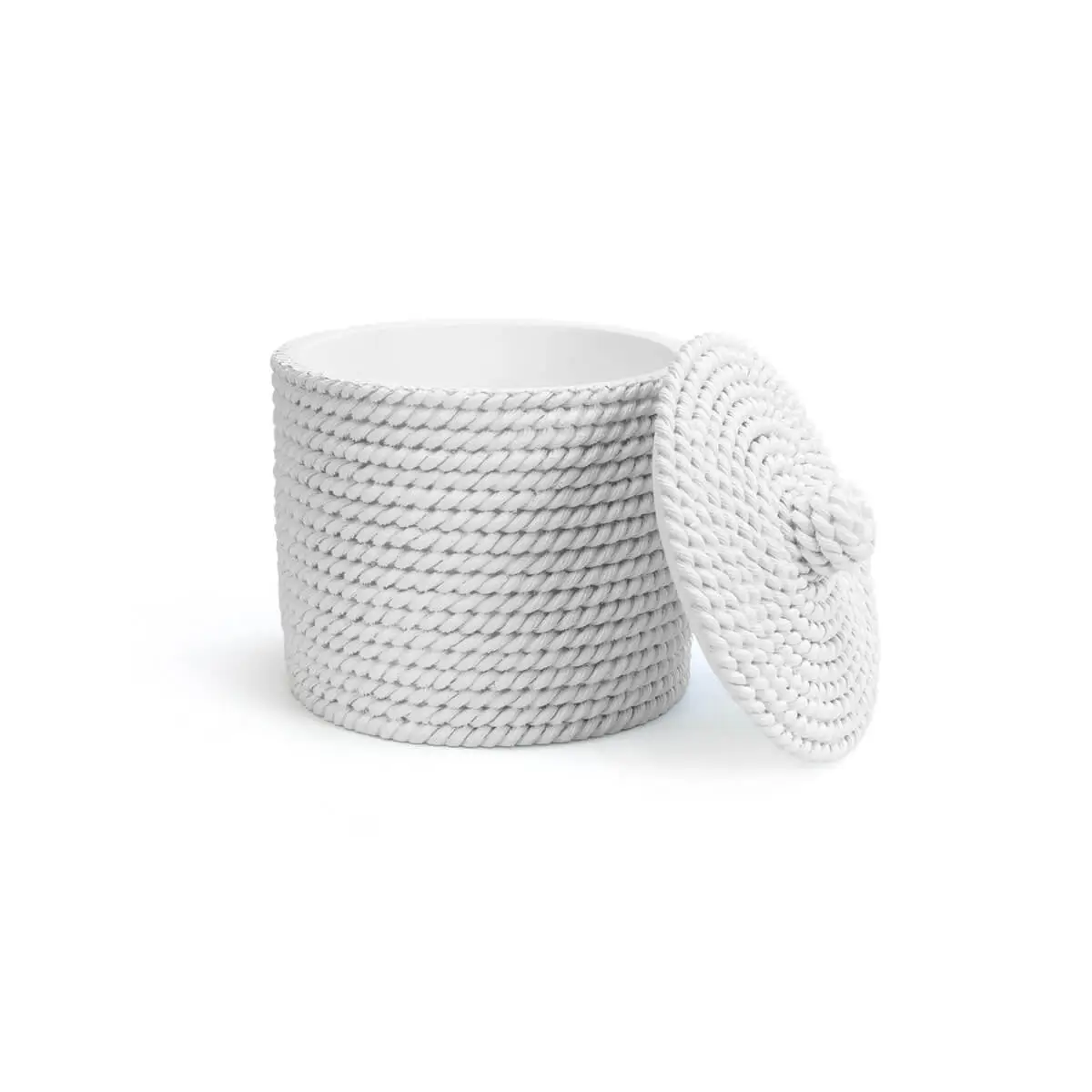 Algodonera blanca Trenzo con tapa abierta fabricada en resina con textura trenzada para baño