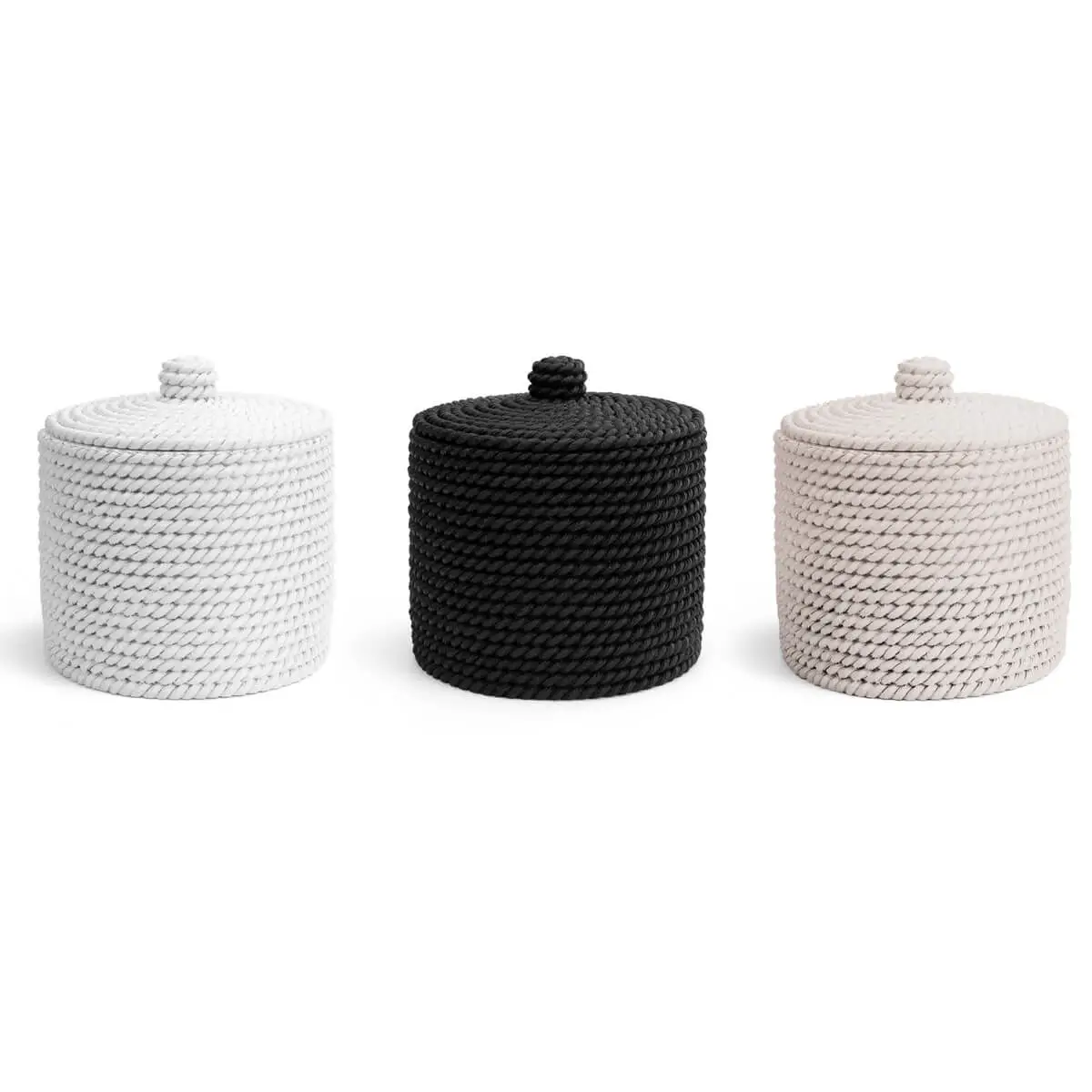 Algodoneras de baño Trenzo en color blanco, negro y beige con tapa y textura trenzada