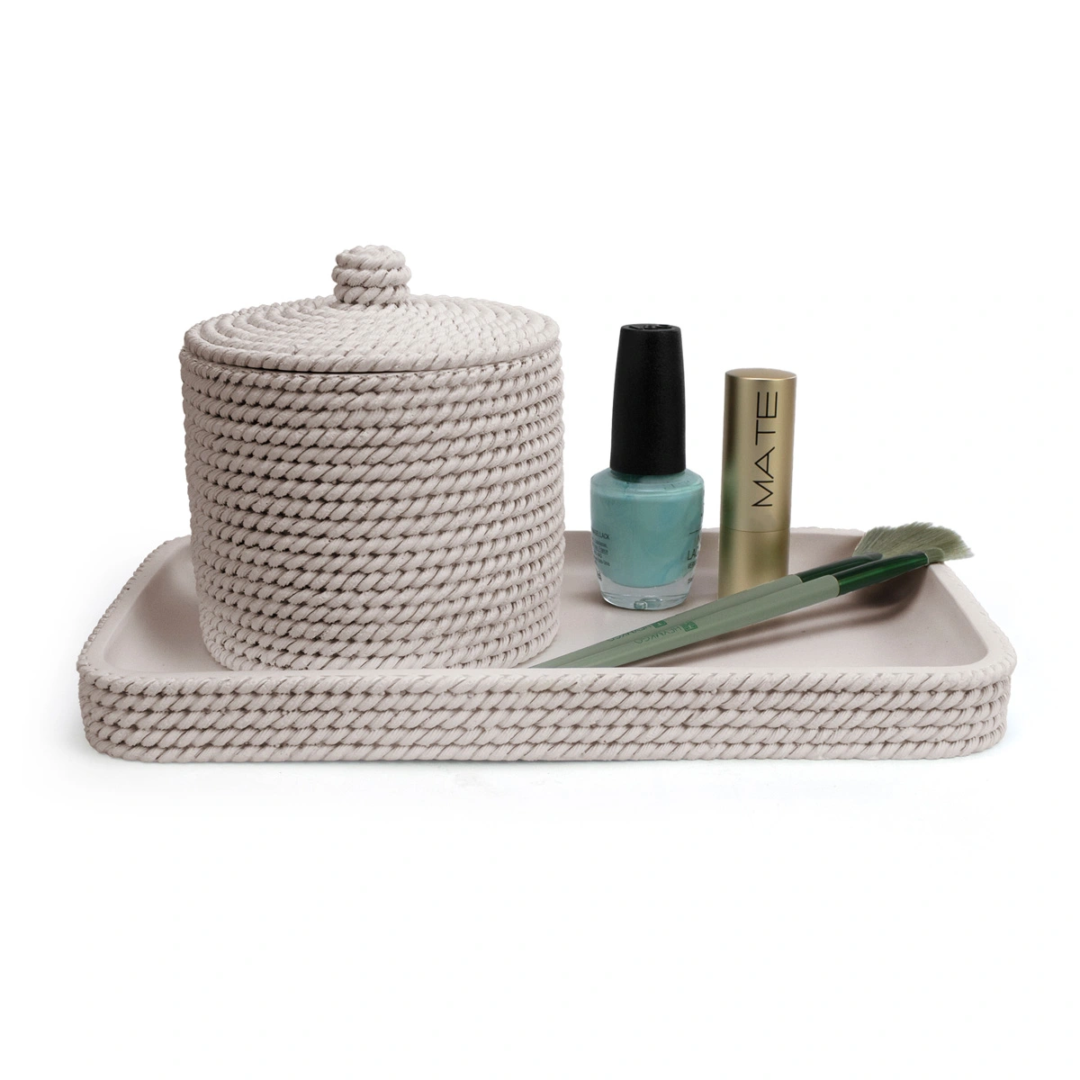 Bandeja de baño beige Trenzo con algodonera y accesorios de maquillaje sobre resina texturizada
