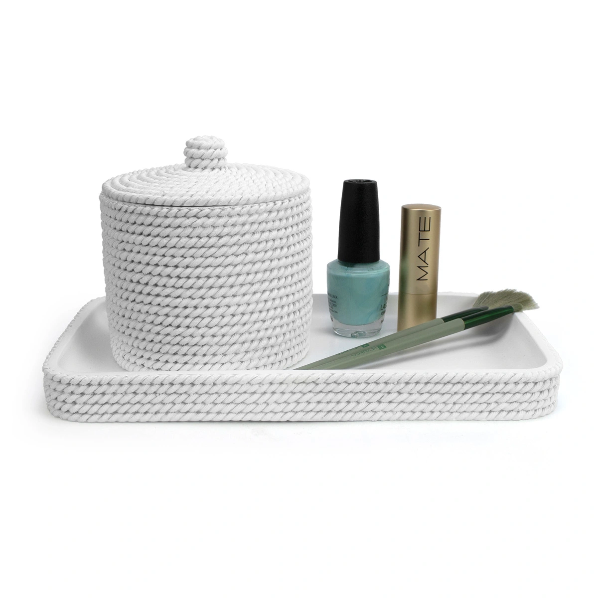 Bandeja de baño blanca Trenzo con algodonera y accesorios de maquillaje sobre resina texturizada