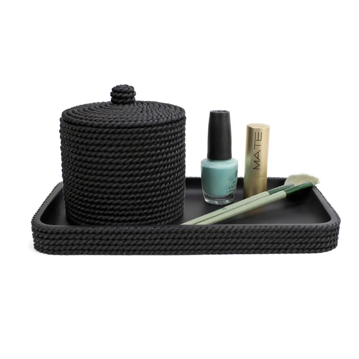 Bandeja de baño negra Trenzo con algodonera y accesorios de maquillaje sobre resina texturizada