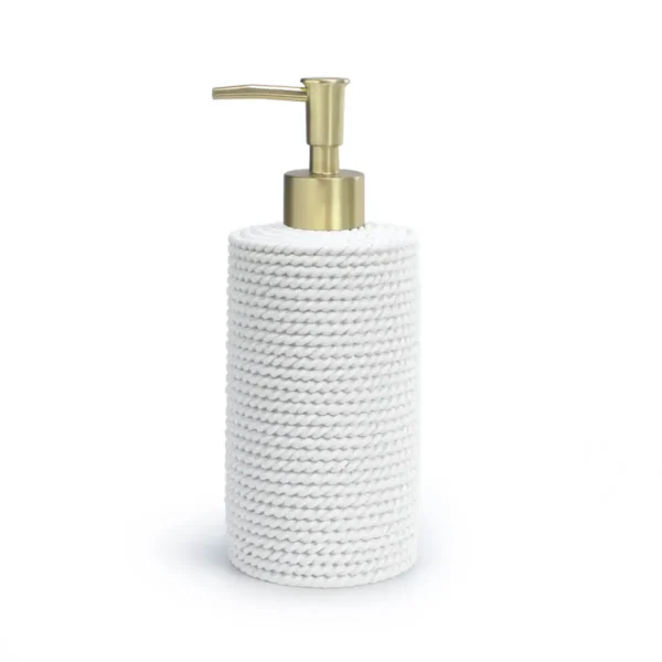 Dispensador de jabón Trenzo blanco para baño con cuerpo de resina texturizada y válvula oro cepillado