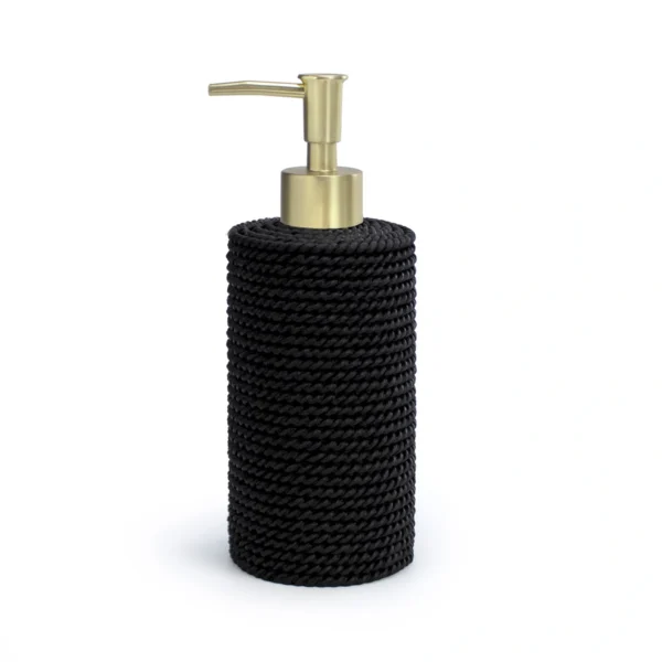 Dispensador de jabón Trenzo negro para baño con cuerpo de resina texturizada y válvula oro cepillado