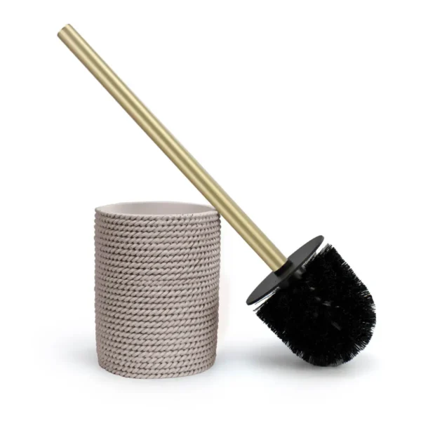 Escobilla WC beige Trenzo para baño con cuerpo de resina texturizada y mango oro cepillado