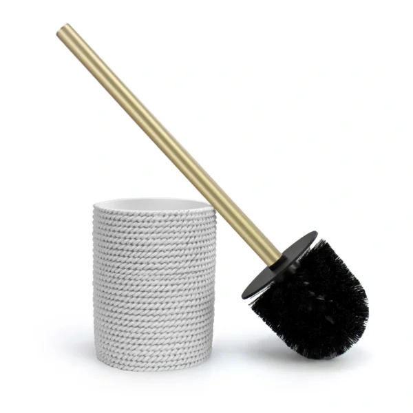 Escobilla WC blanca Trenzo para baño con cuerpo de resina texturizada y mango oro cepillado
