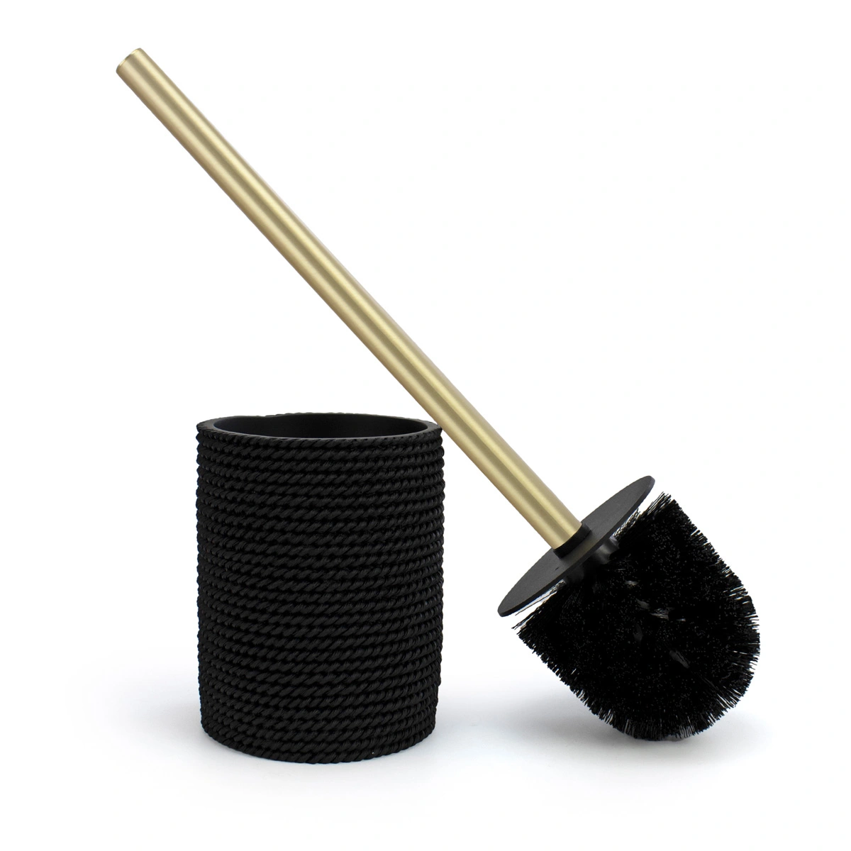 Escobilla WC negra Trenzo para baño con cuerpo de resina texturizada y mango oro cepillado
