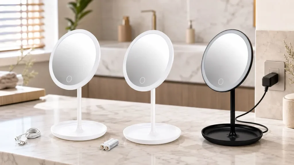 Espejos de aumento LED de sobremesa con batería recargable, pilas y cable sobre encimera de baño