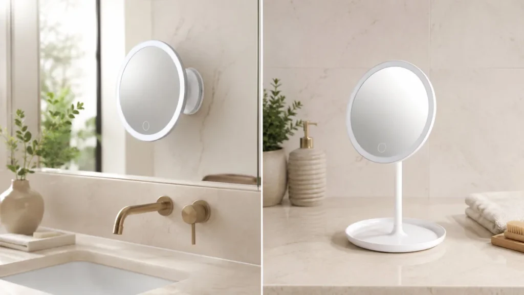 Comparativa de espejo de aumento LED con ventosa y espejo de aumento LED de sobremesa en un baño moderno
